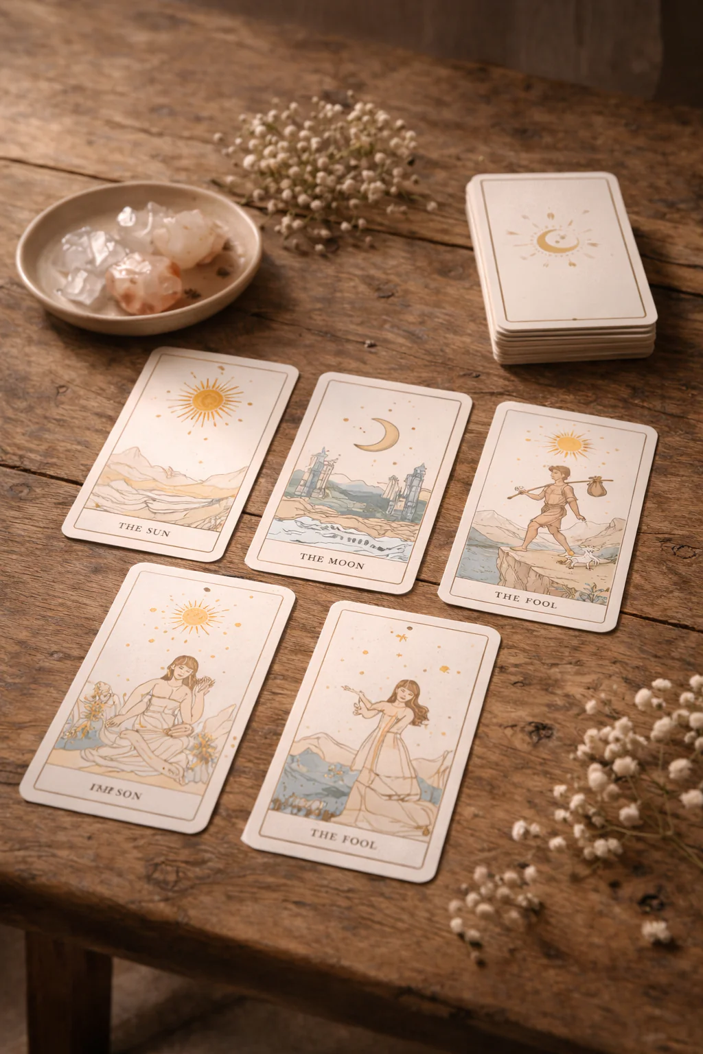 Cartas de tarot sobre mesa de madeira ao lado de cristais e flores secas
