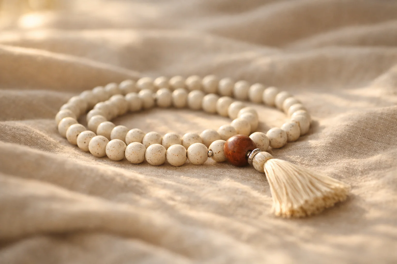 Japamala apoiado sobre tecido claro — símbolo de silêncio interior e meditação.