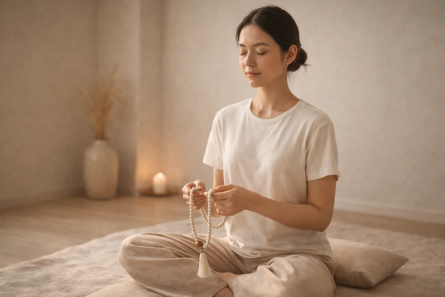 Pessoa meditando com japamala — prática de presença e respiração.