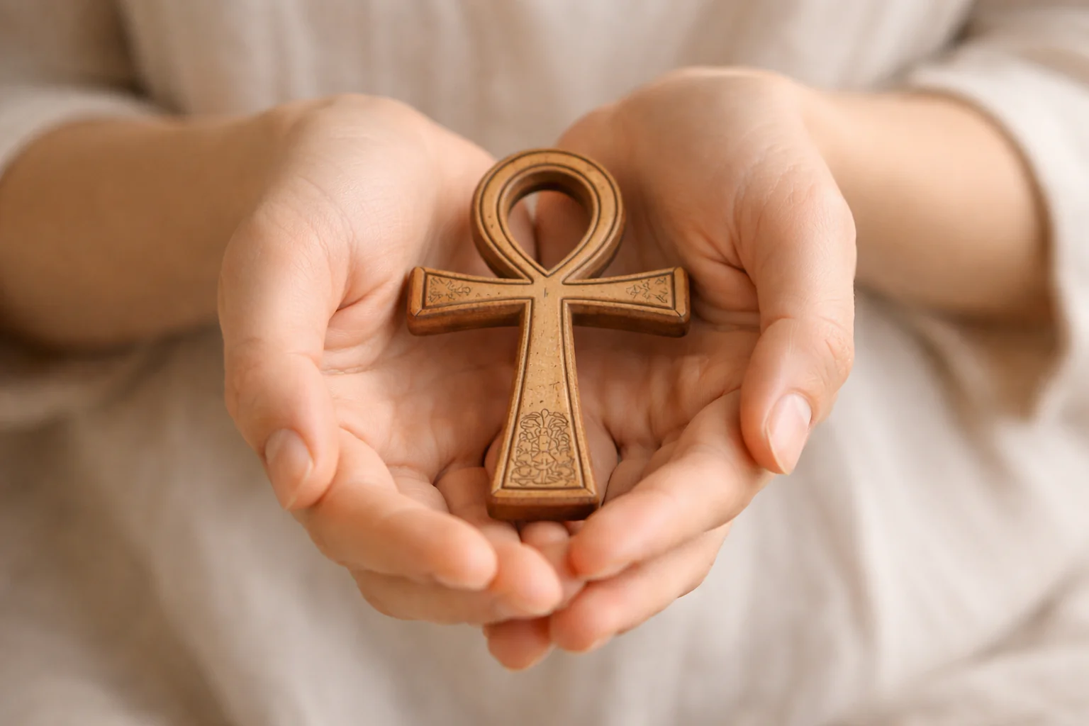 Mãos segurando delicadamente o símbolo ankh
