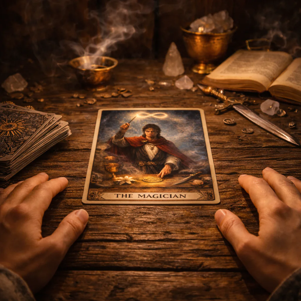 Carta O Mago sobre a mesa em uma leitura de tarot vista em primeira pessoa.