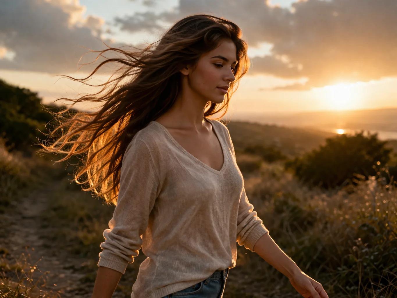 Mulher com cabelo ao vento simbolizando transformação e autoconhecimento.