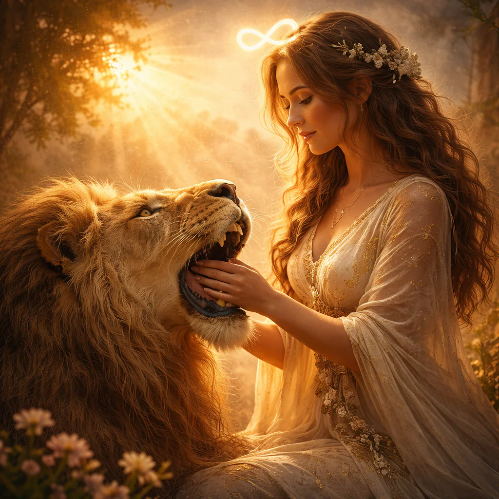 A Força no Tarot representada por mulher segurando leão com símbolo do infinito