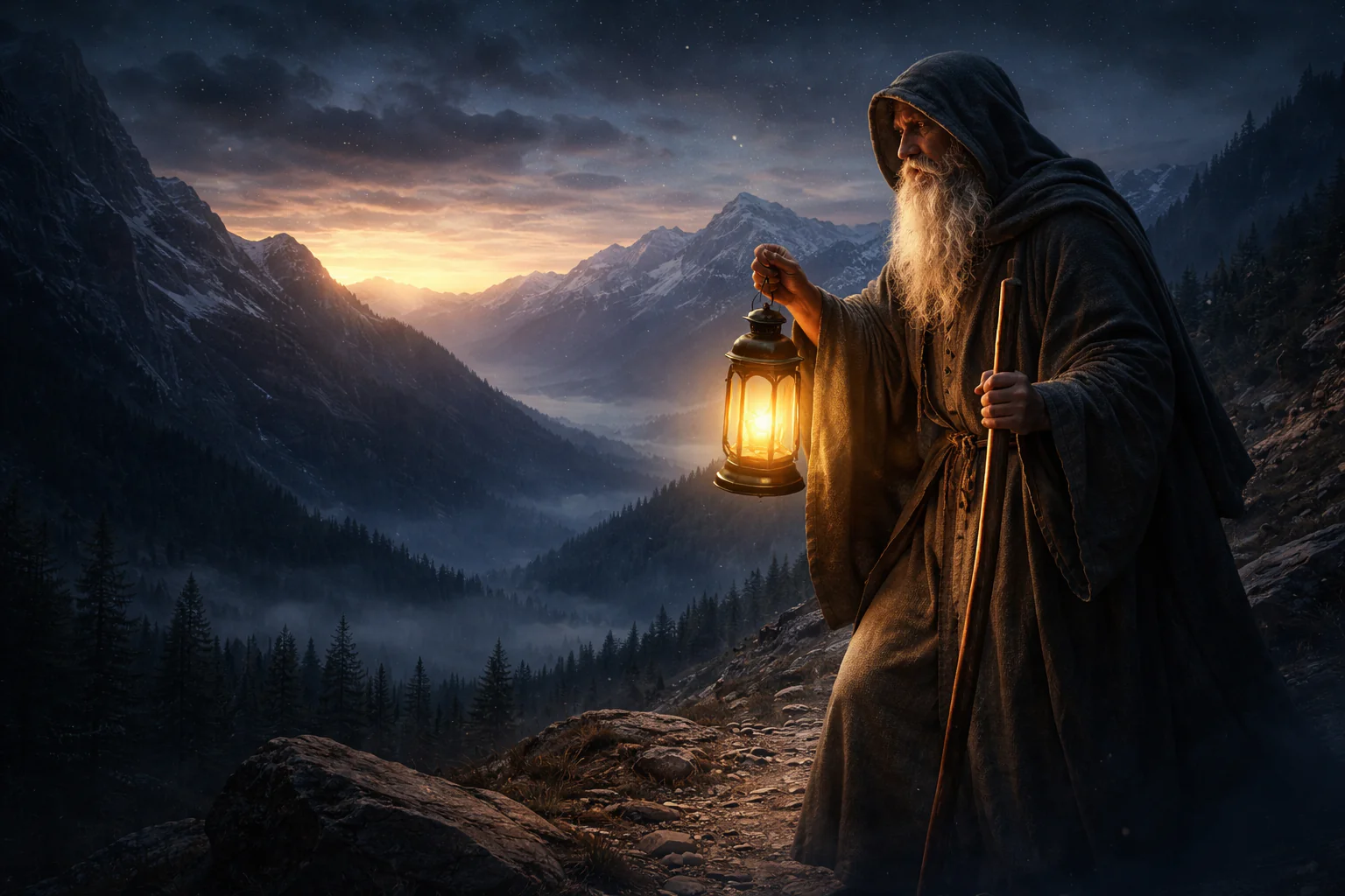 O Eremita no Tarot segurando lanterna em paisagem montanhosa escura