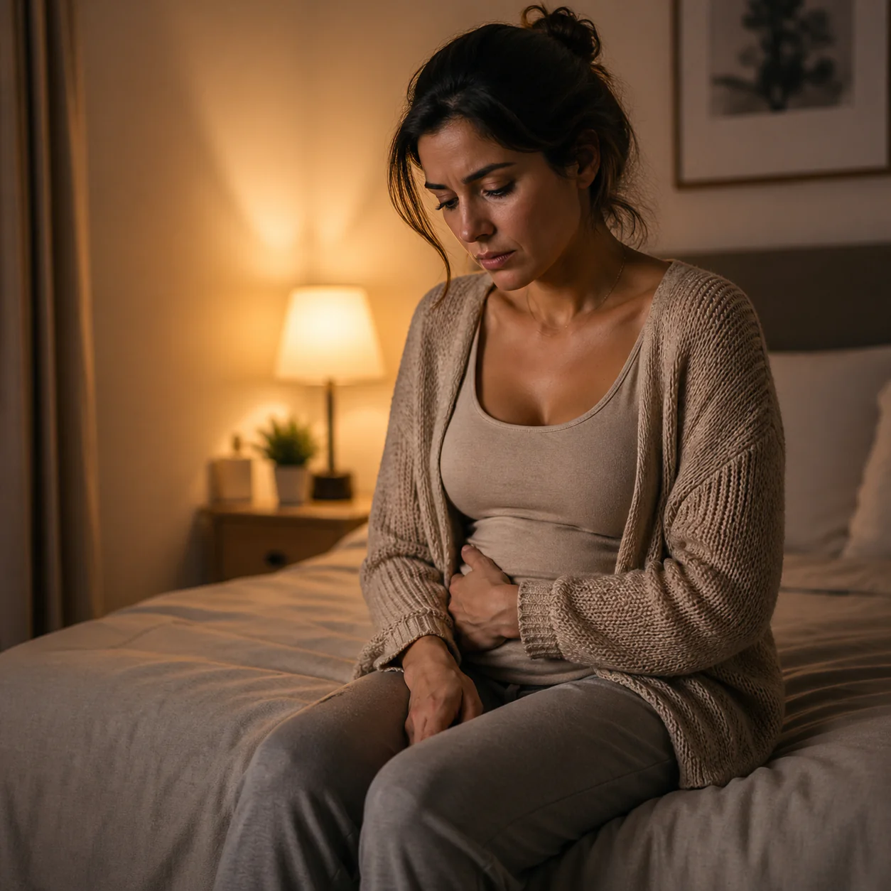 Mulher pensativa com expressão de medo e reflexão segurando o ventre em ambiente suave