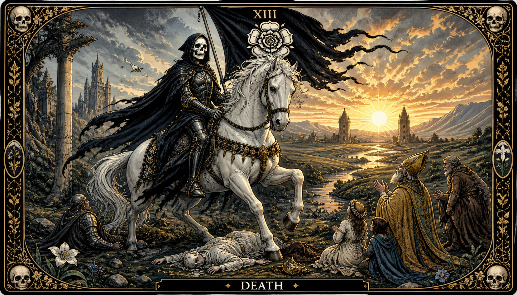 Carta da morte no tarot com figura esquelética e cavalo branco