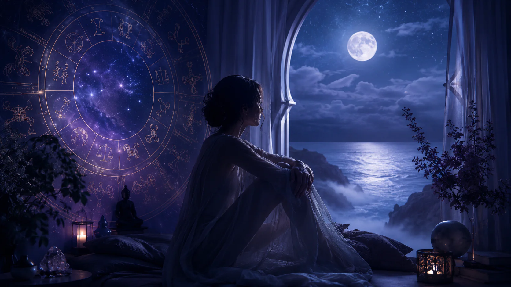 Casa 12 na Astrologia representada por céu noturno, símbolos astrológicos e atmosfera introspectiva