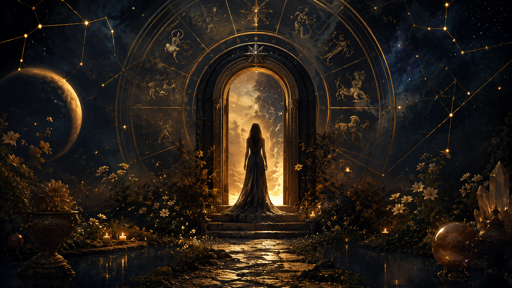 Casa 8 na Astrologia representada por símbolos de transformação, profundidade e renascimento emocional
