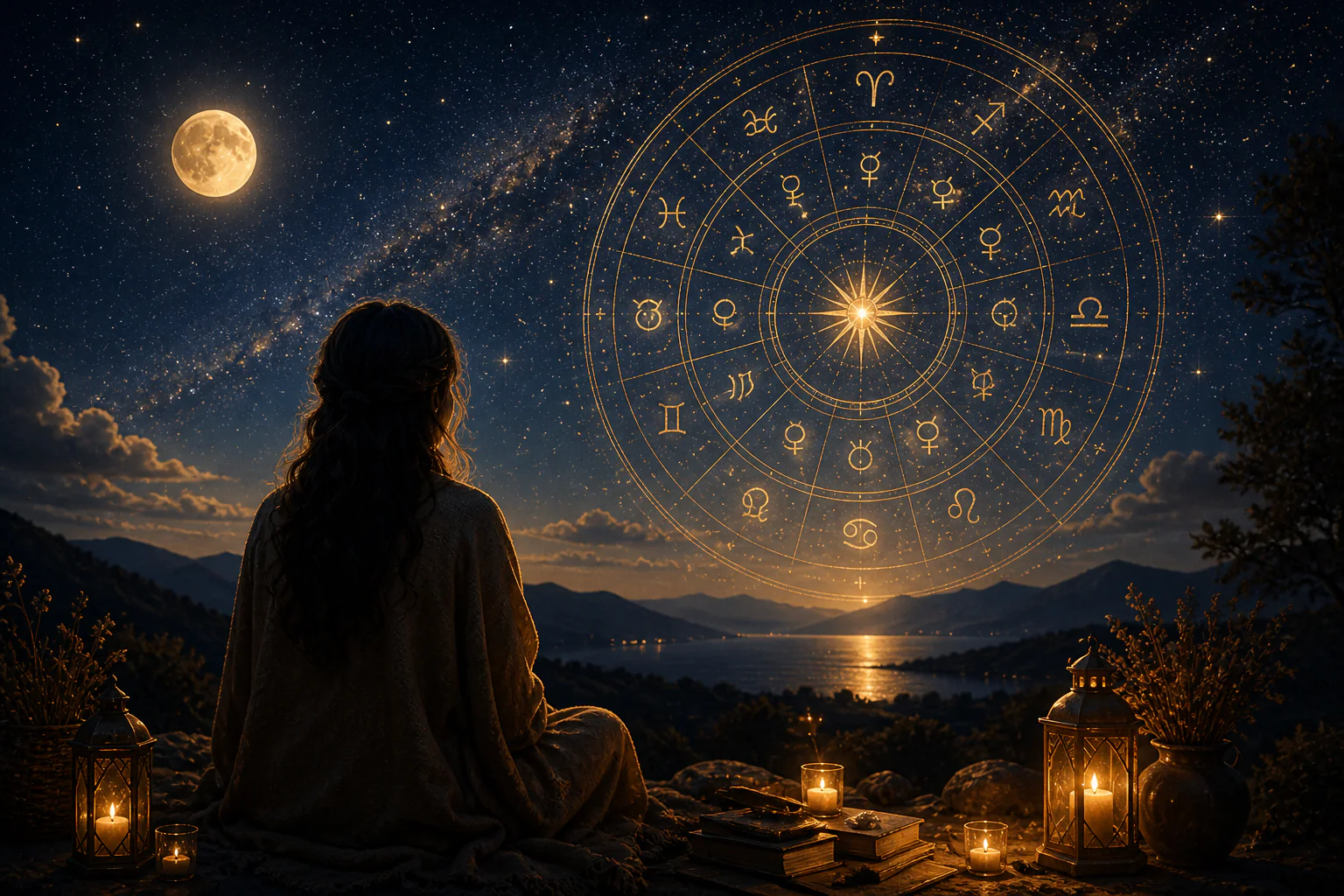 Pessoa observando um mapa astral luminoso como símbolo de autoconhecimento e casas vazias.
