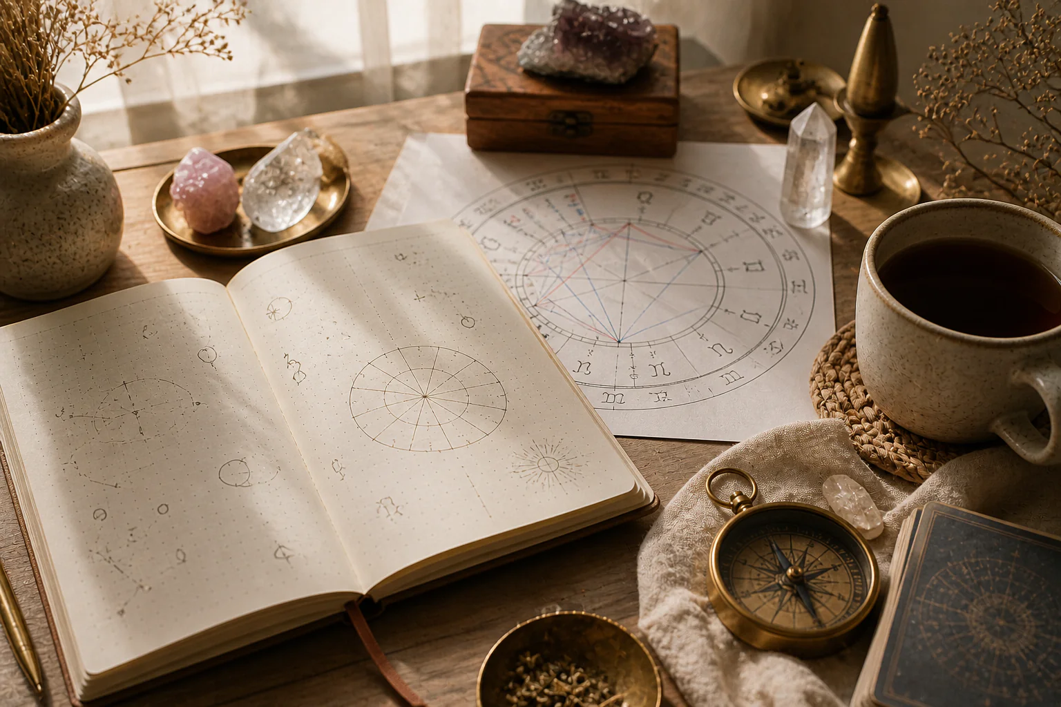 Mesa de estudos astrológicos para interpretar casas vazias no mapa astral passo a passo.