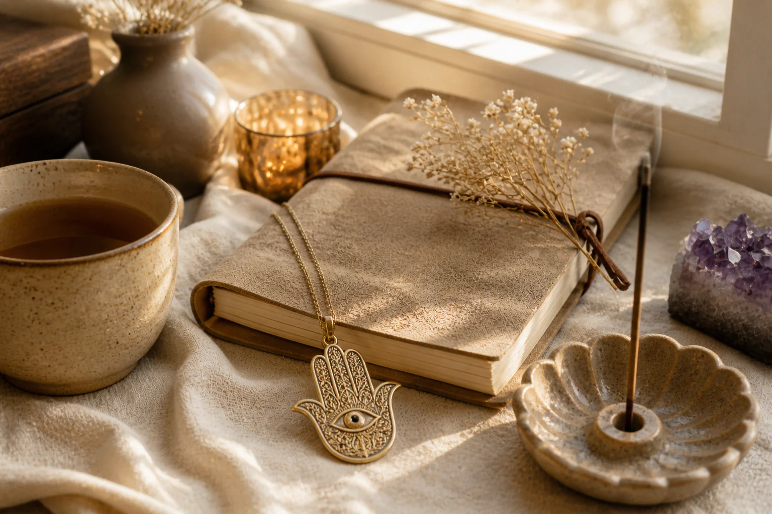 Colar com Mão de Fátima em uma rotina espiritual de cuidado e proteção.