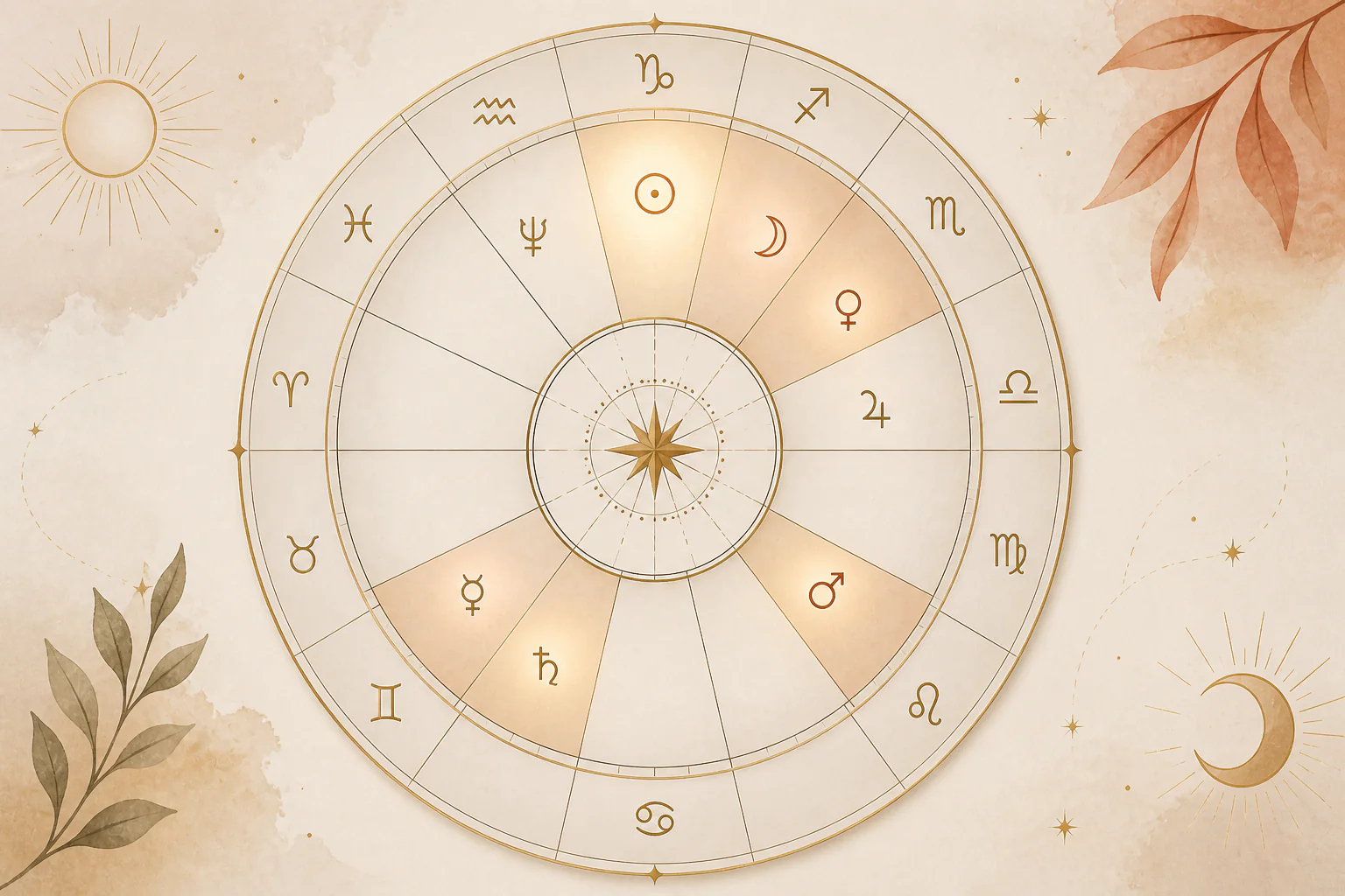 Roda astrológica com doze casas mostrando o conceito de casas vazias no mapa astral.