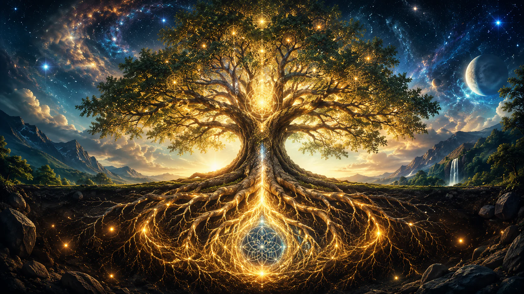 Árvore da Vida conectando terra e céu no sentido espiritual