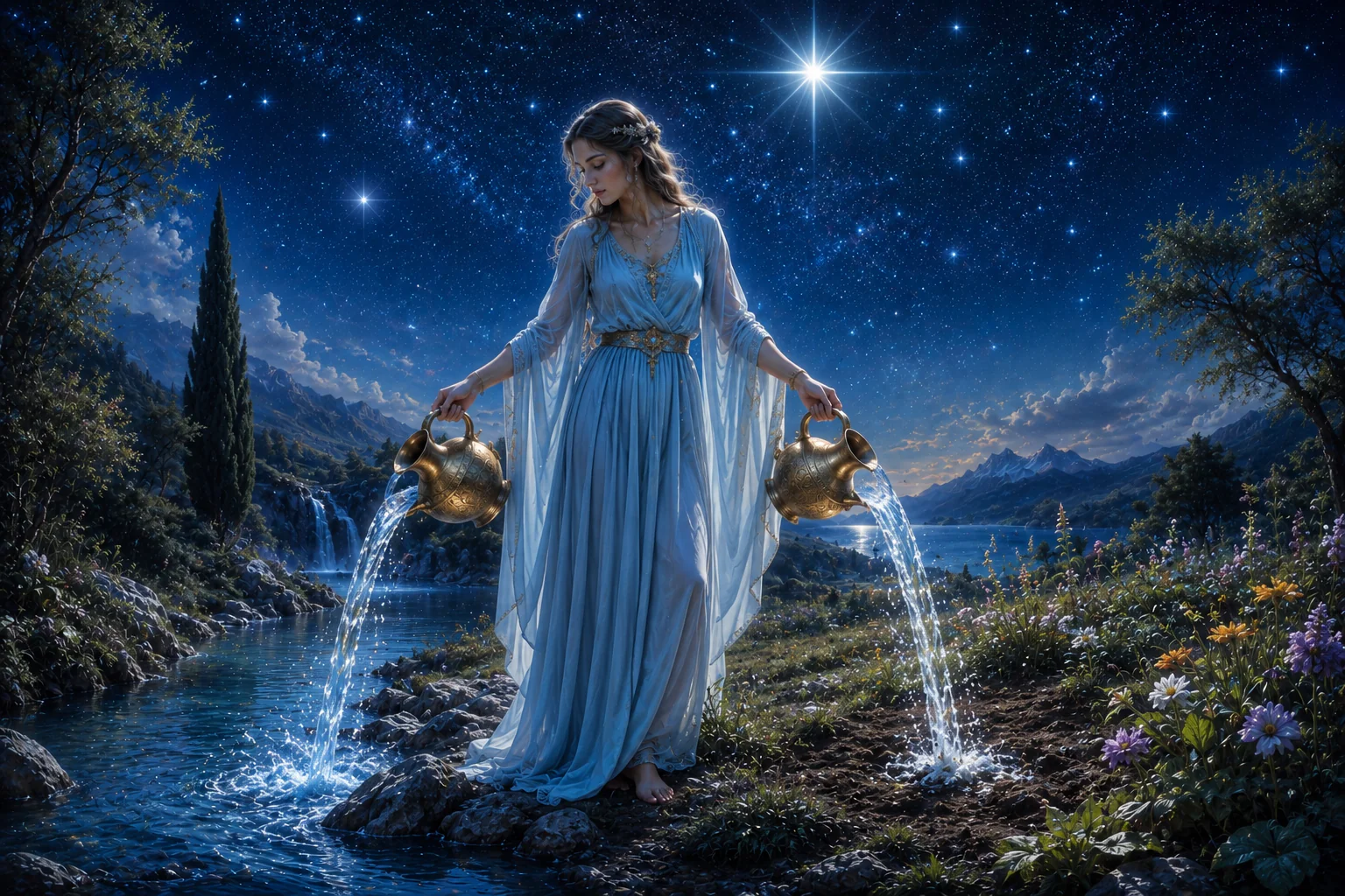 Símbolos da carta A Estrela no Tarot com água, terra e céu estrelado
