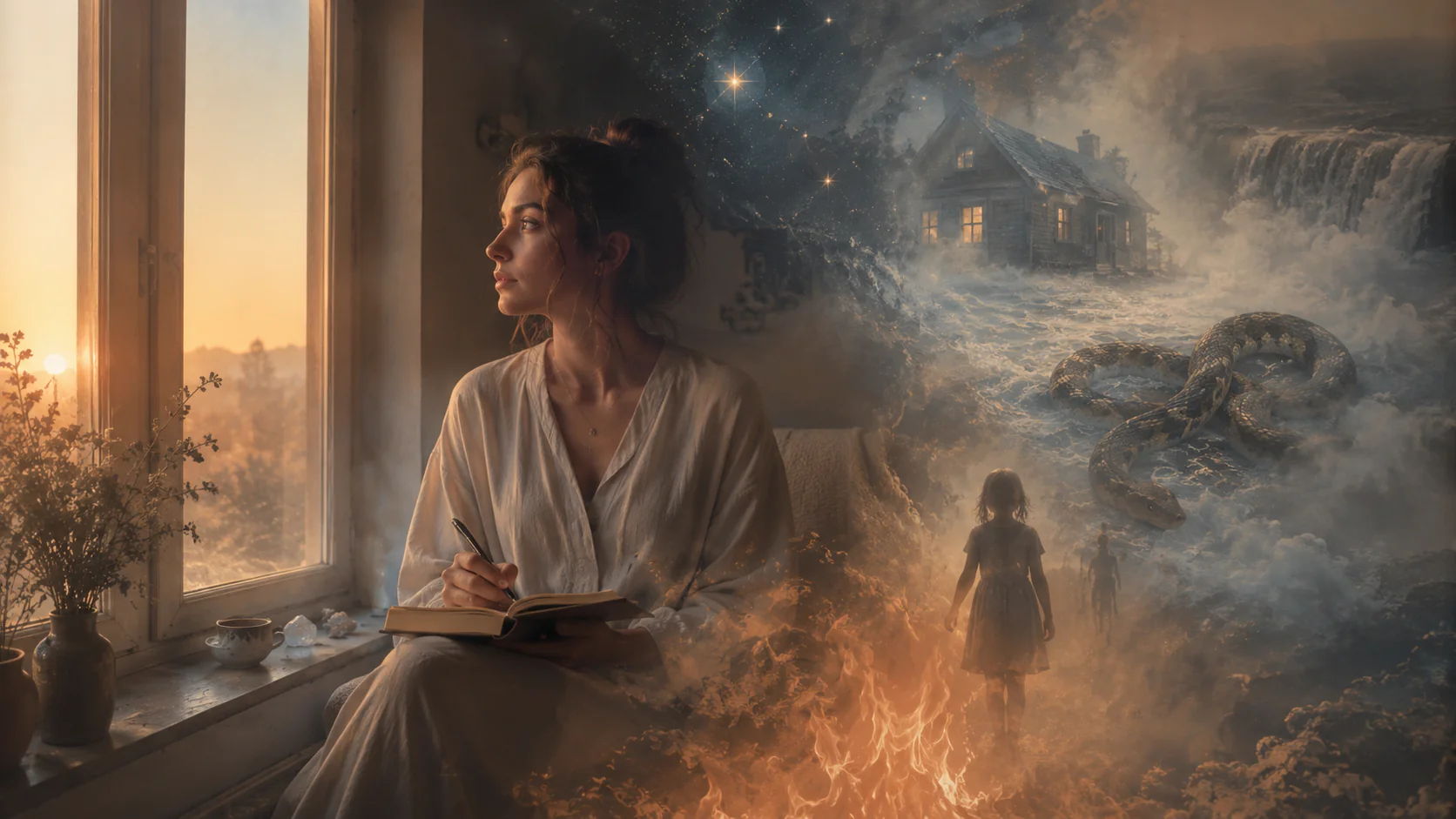 Mulher refletindo sobre o significado dos sonhos com símbolos do inconsciente ao redor
