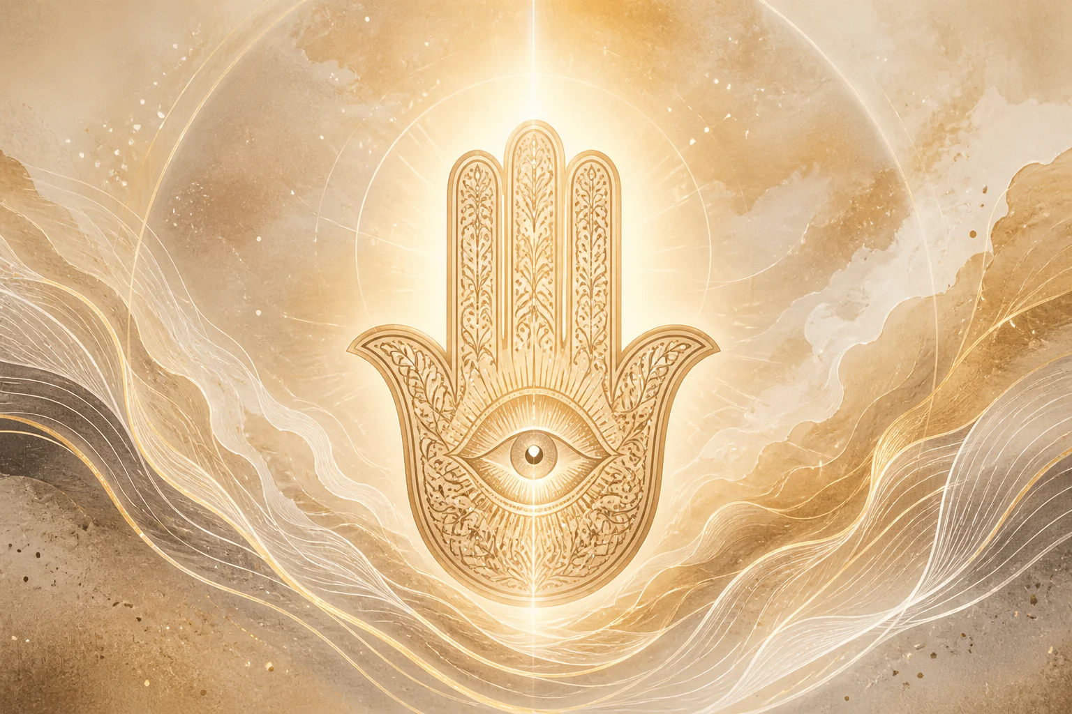 Hamsá iluminado representando proteção espiritual, limites emocionais e intuição.