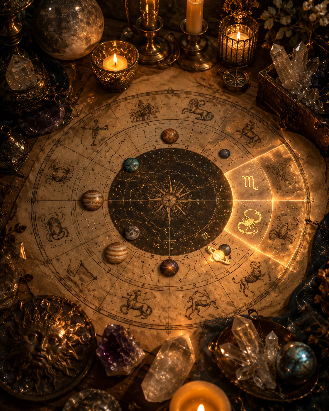 Mapa astral com destaque simbólico para signos e planetas na Casa 8