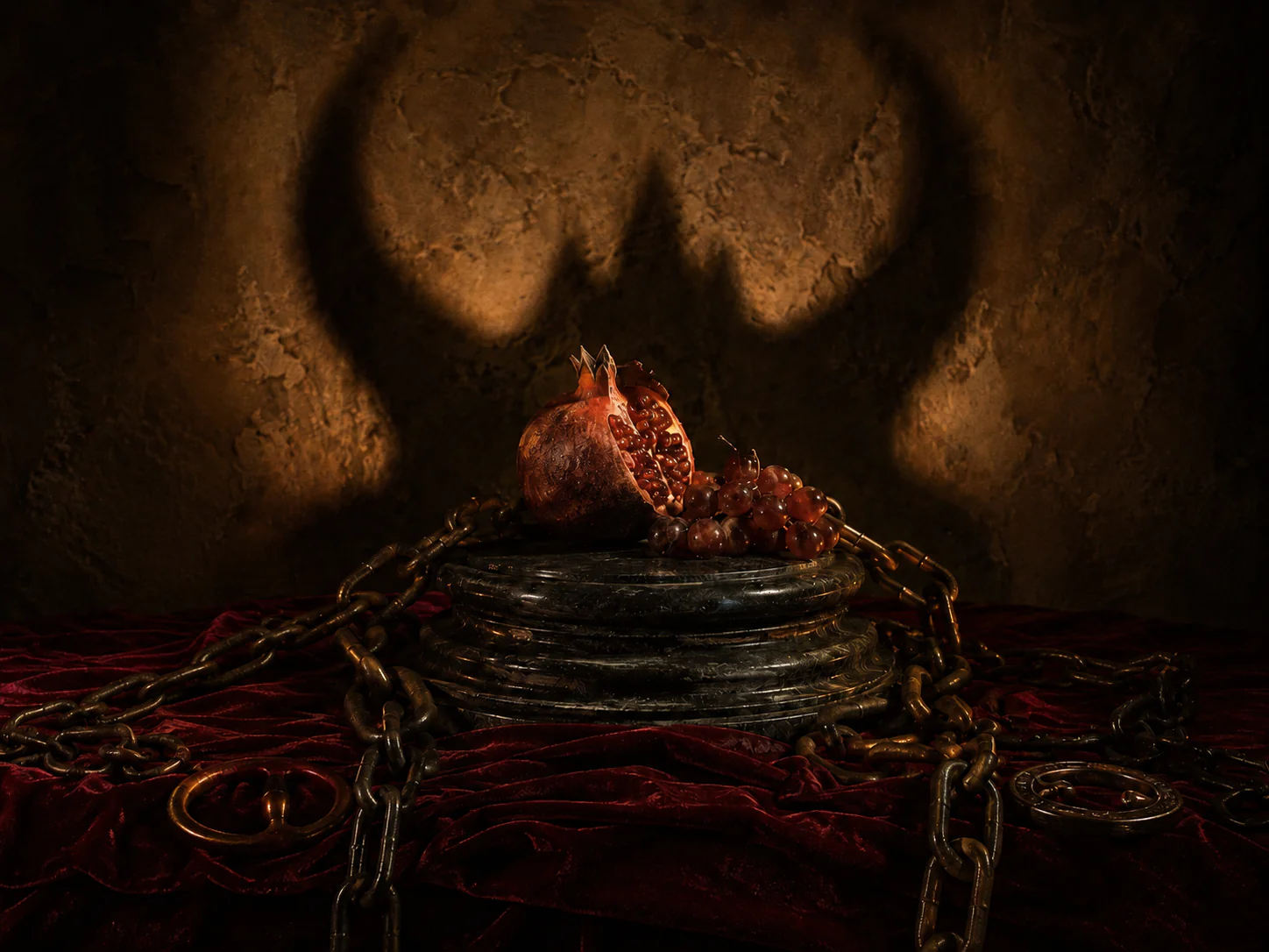Símbolos da carta O Diabo no Tarot com correntes e pedestal