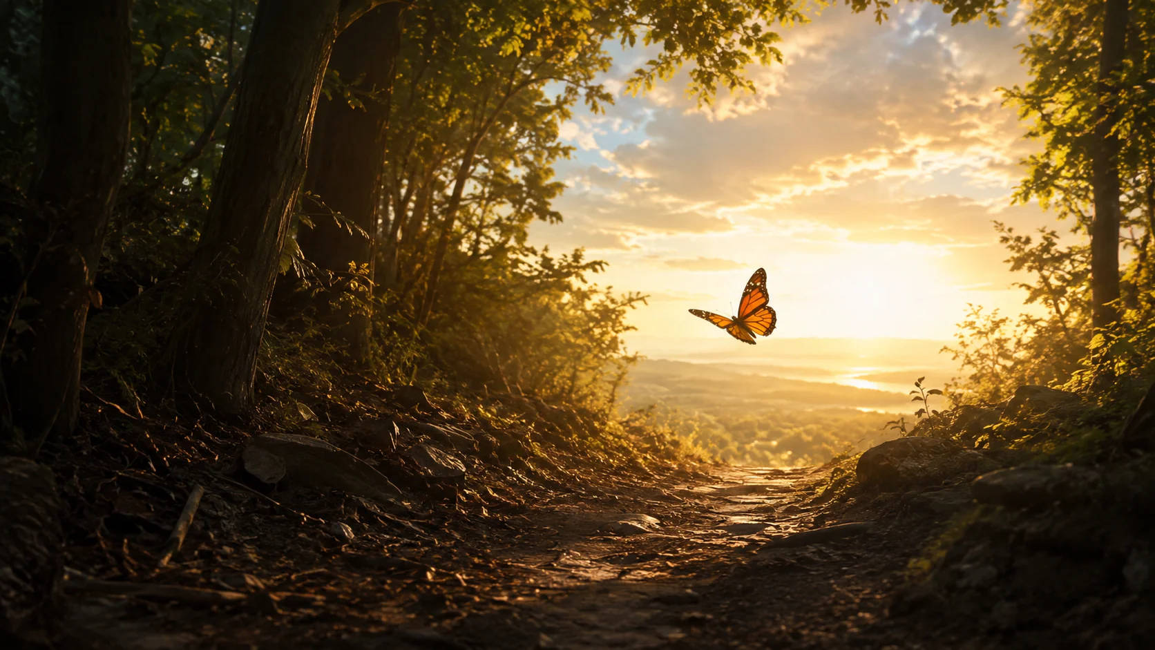 Borboleta voando em direção à luz simbolizando recomeço espiritual e liberdade interior