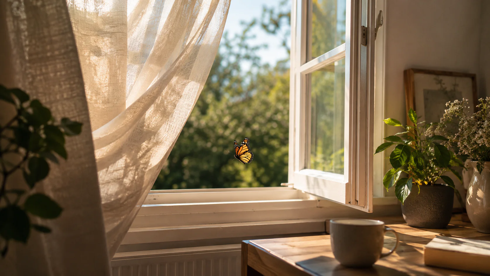 Borboleta entrando em casa simbolizando renovação no ambiente íntimo