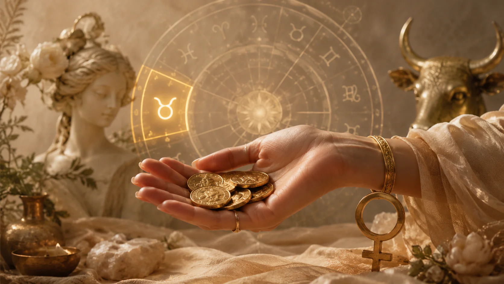 Casa 2 na Astrologia representada por moedas, mapa astral e símbolos de valor pessoal