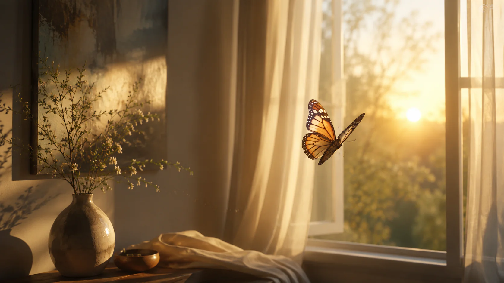 Borboleta iluminada pela janela simbolizando transformação espiritual e renovação interior