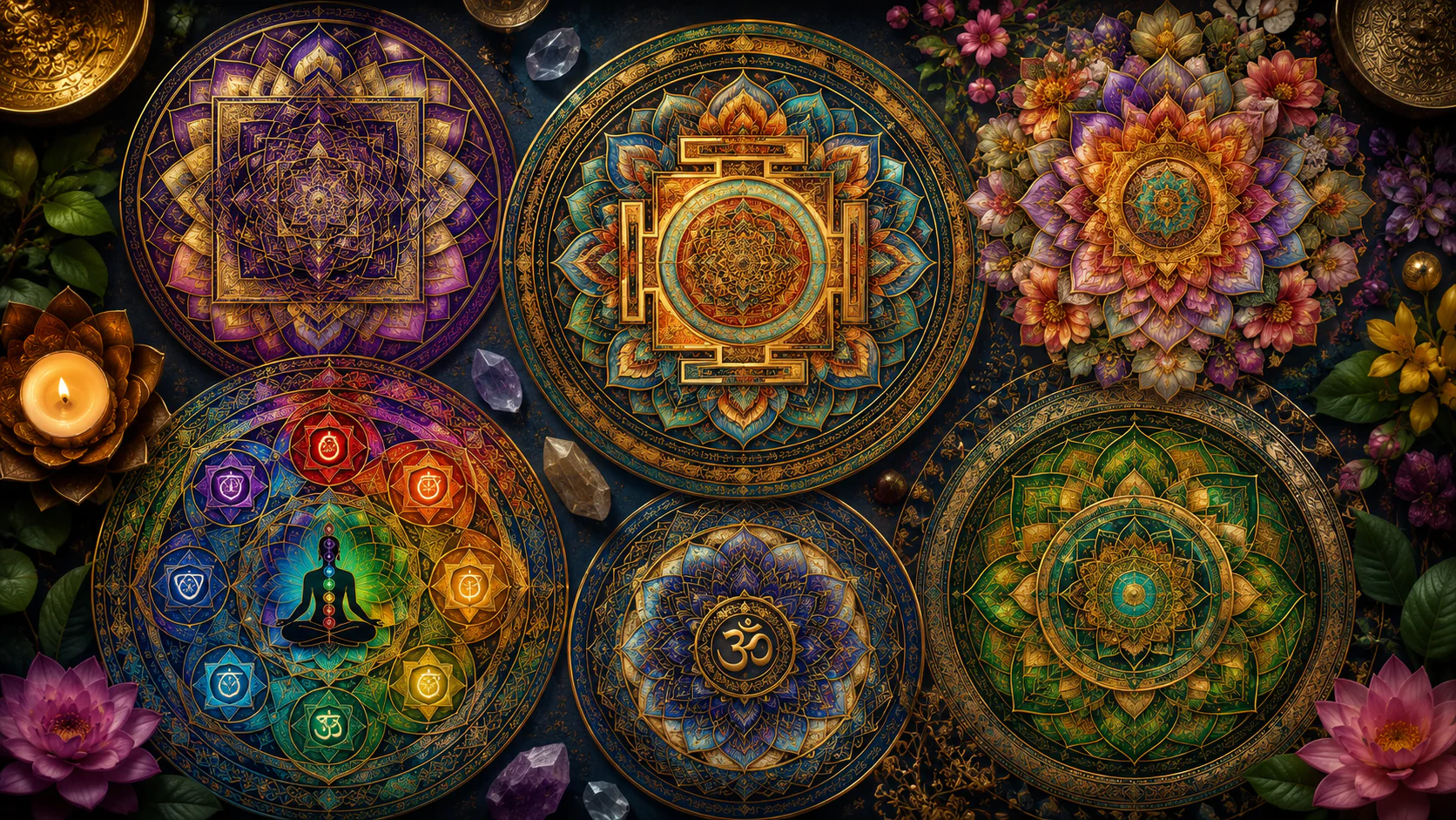 Diferentes tipos de mandalas geométricas, florais e espirituais